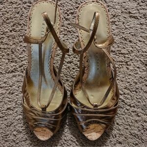Martinez Valero shiny copper STRAPPY cork heels